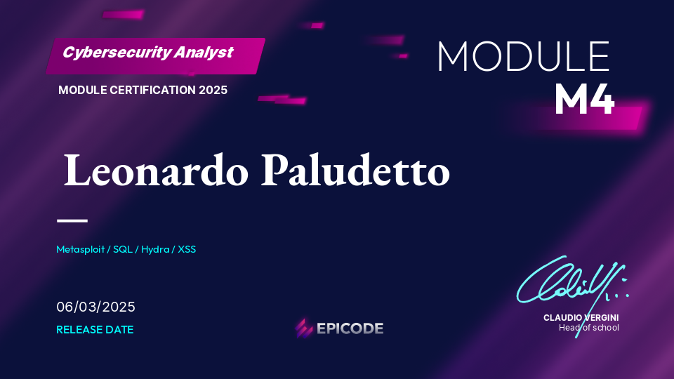 EPICODE certificate awarded to Leonardo Paludetto