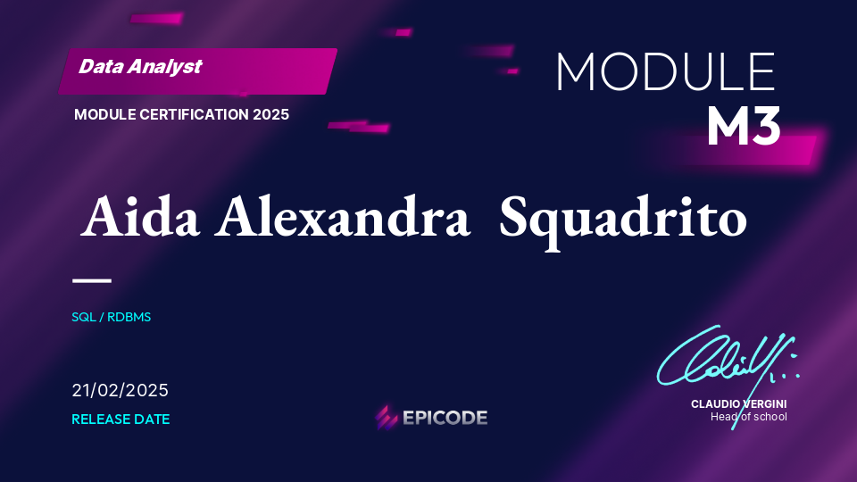 EPICODE certificate awarded to Aida Alexandra Squadrito