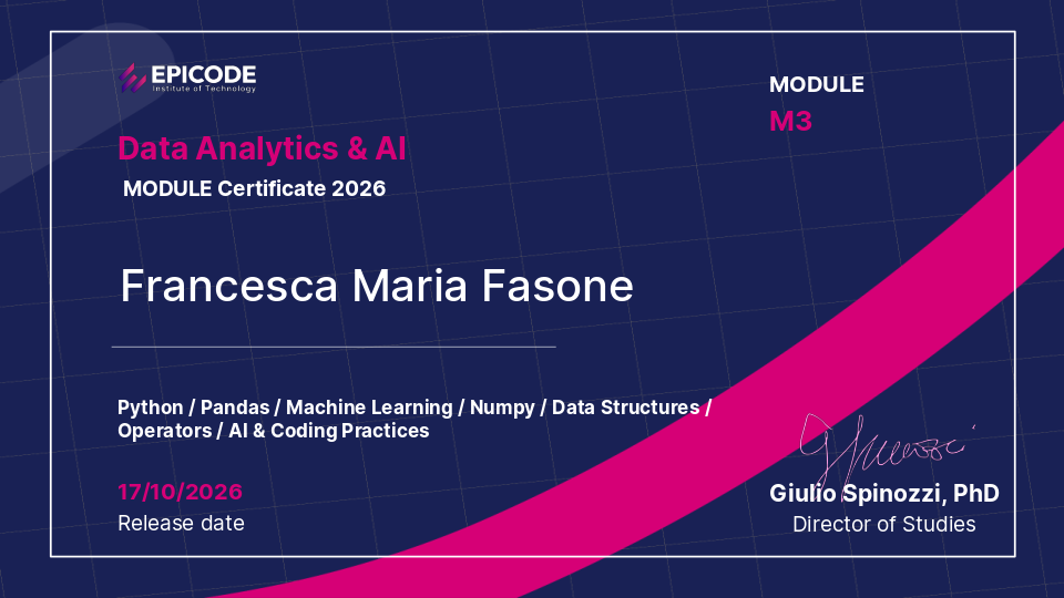 EPICODE certificate awarded to Francesca Maria Fasone