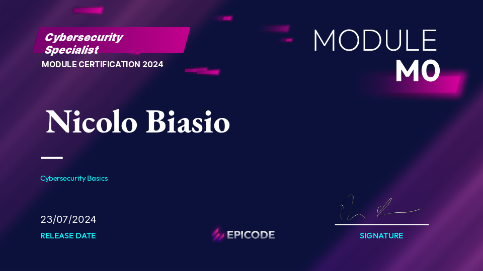 EPICODE certificate awarded to Nicolo Biasio