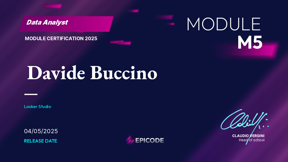 EPICODE certificate awarded to Davide Buccino