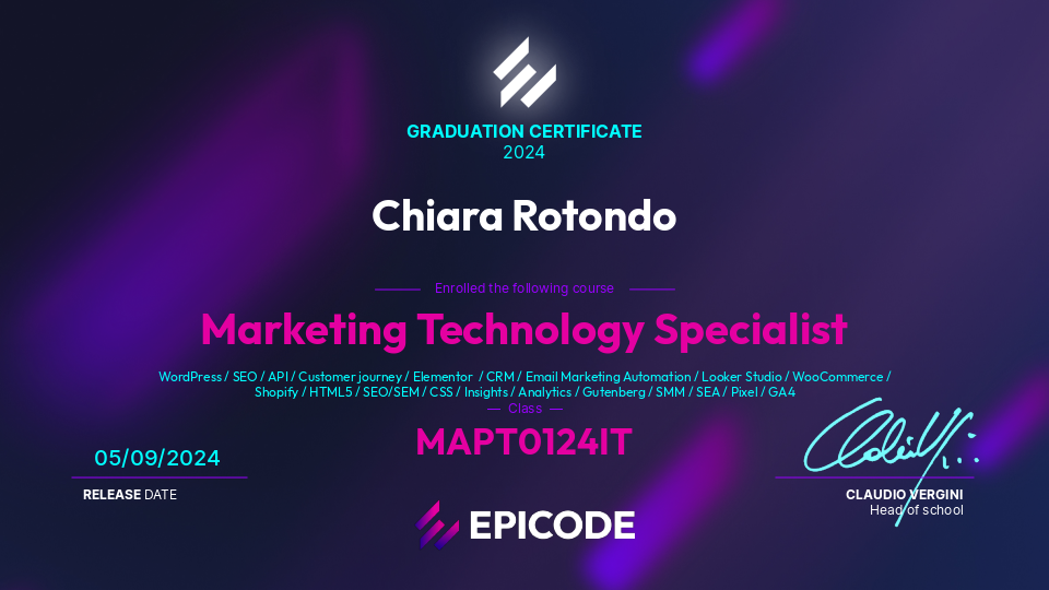 EPICODE certificate awarded to Chiara Rotondo