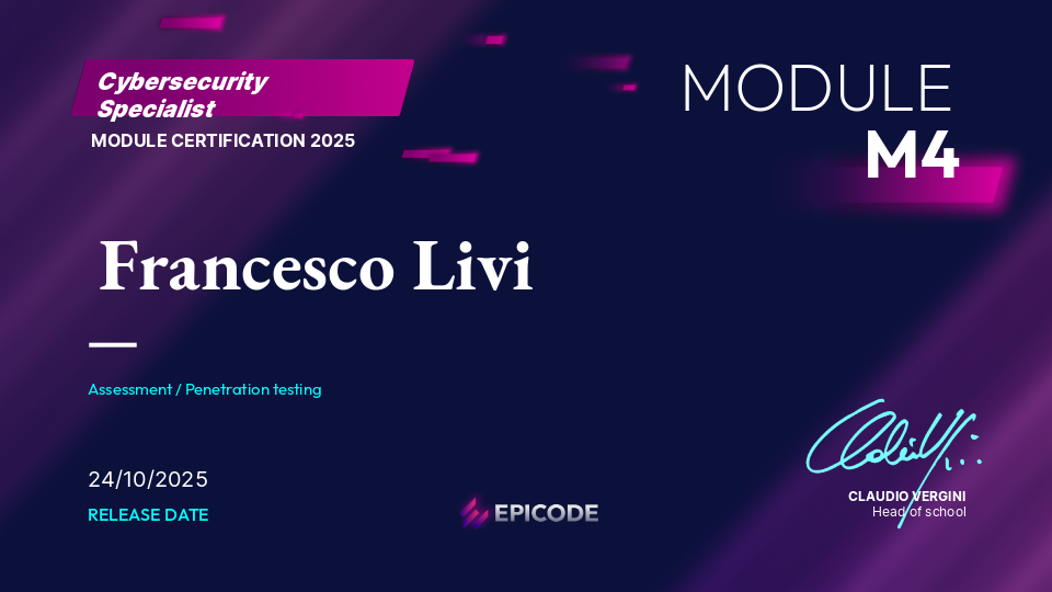 EPICODE certificate awarded to Francesco Livi