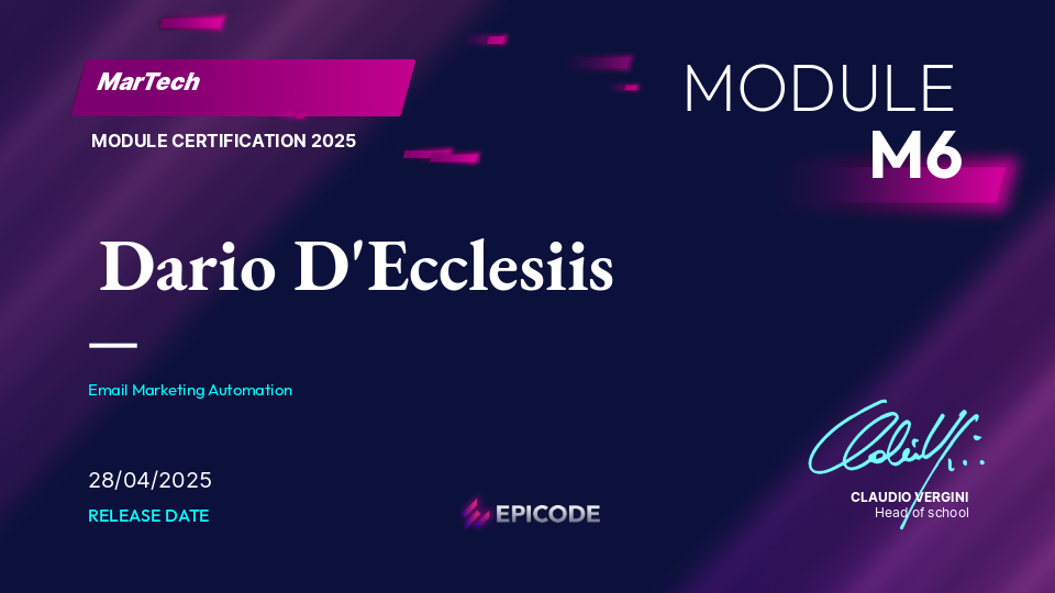 EPICODE certificate awarded to Dario D'Ecclesiis