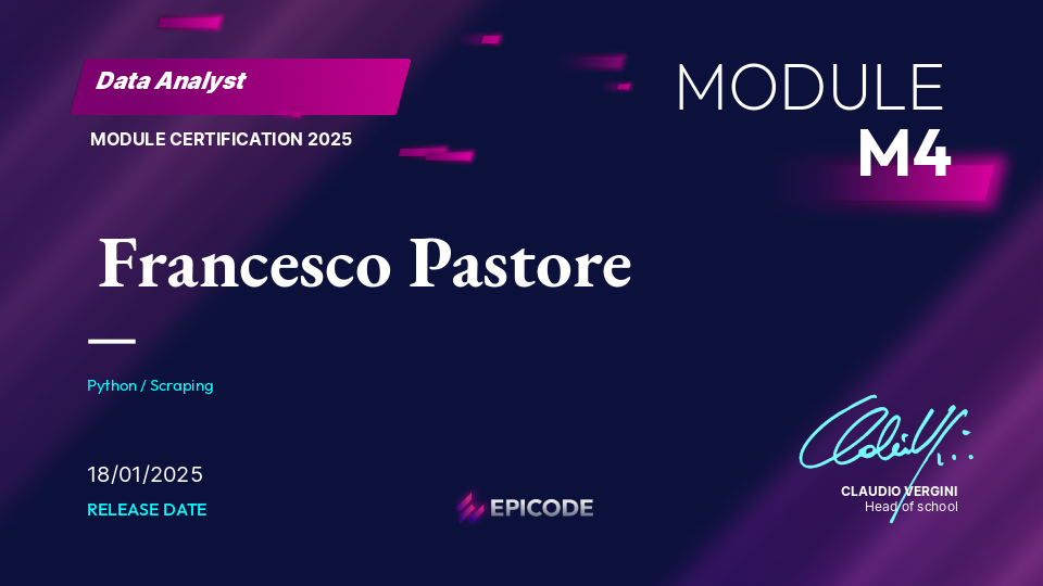 EPICODE certificate awarded to Francesco Pastore