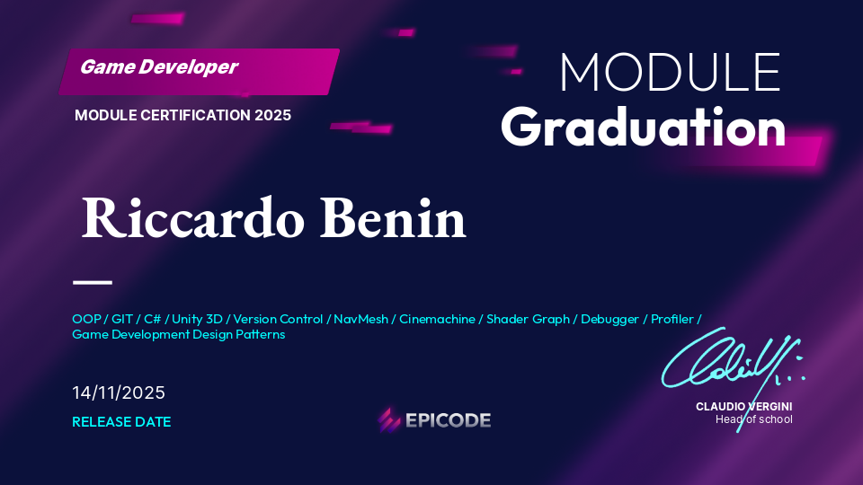 EPICODE certificate awarded to Riccardo Benin