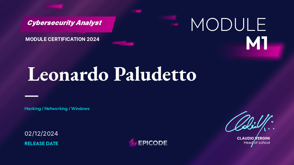 EPICODE certificate awarded to Leonardo Paludetto