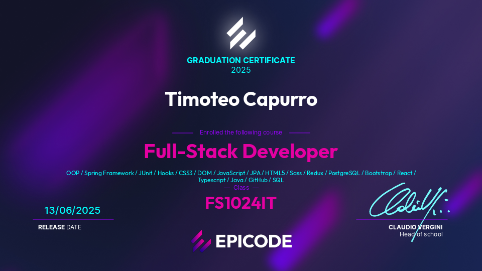 EPICODE certificate awarded to Timoteo Capurro