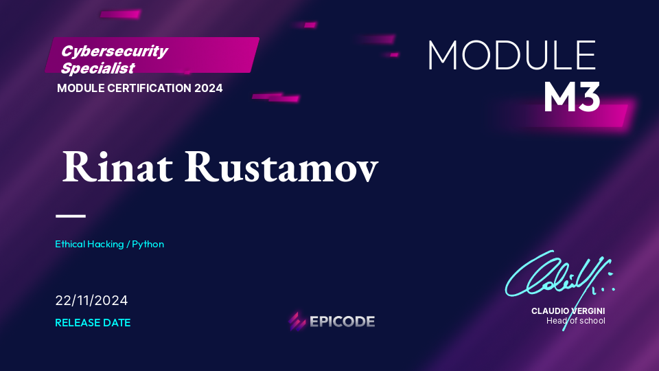 EPICODE certificate awarded to Rinat Rustamov