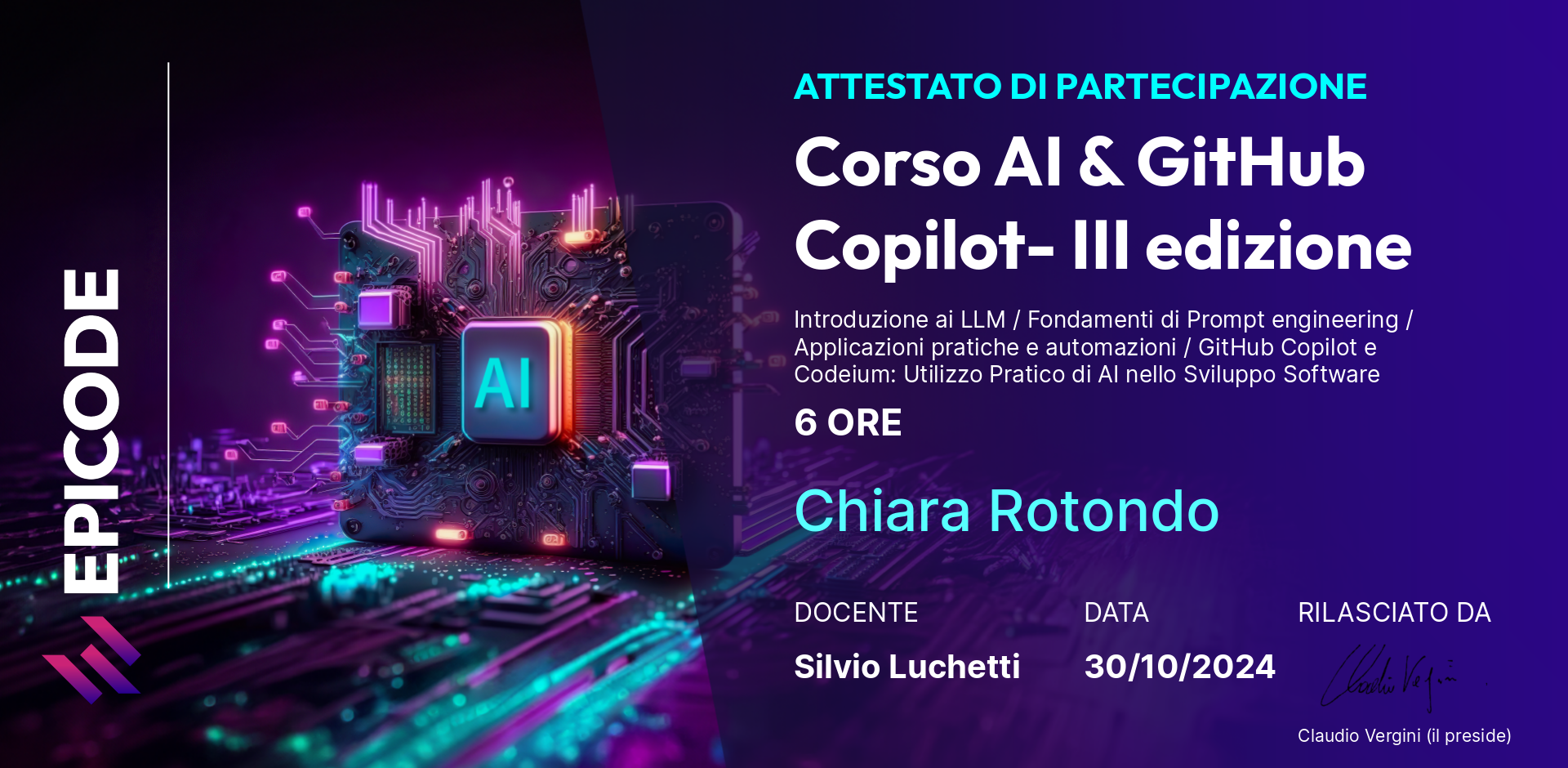 EPICODE certificate awarded to Chiara Rotondo