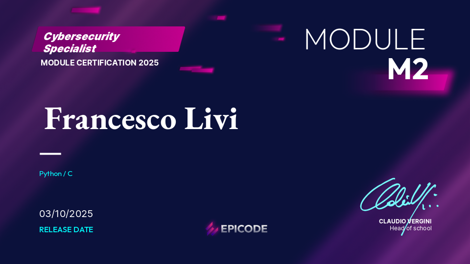 EPICODE certificate awarded to Francesco Livi