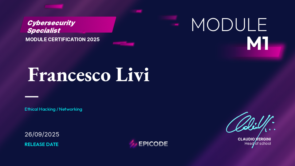 EPICODE certificate awarded to Francesco Livi