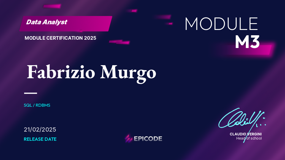 EPICODE certificate awarded to Fabrizio Murgo