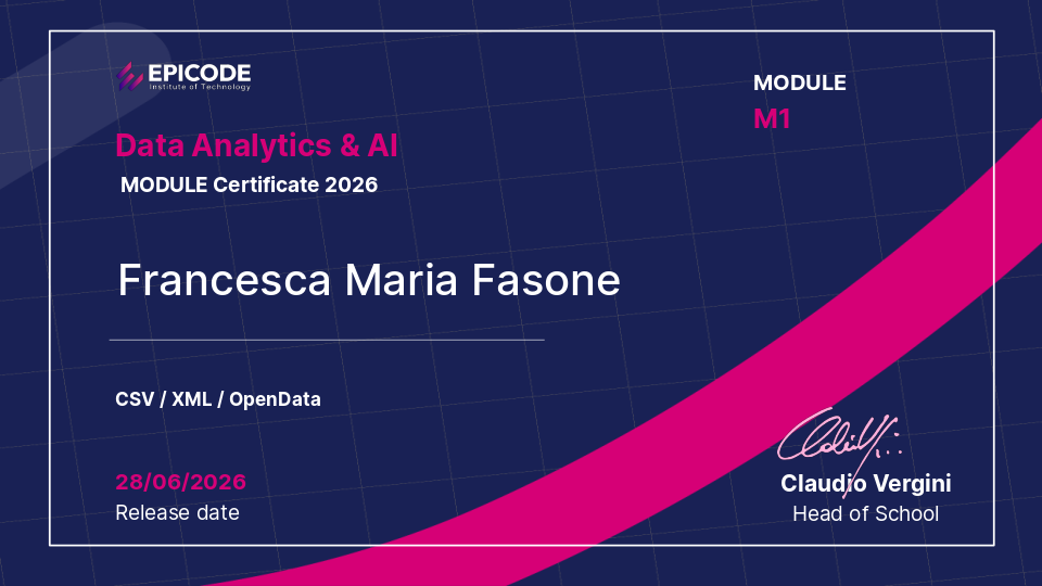 EPICODE certificate awarded to Francesca Maria Fasone