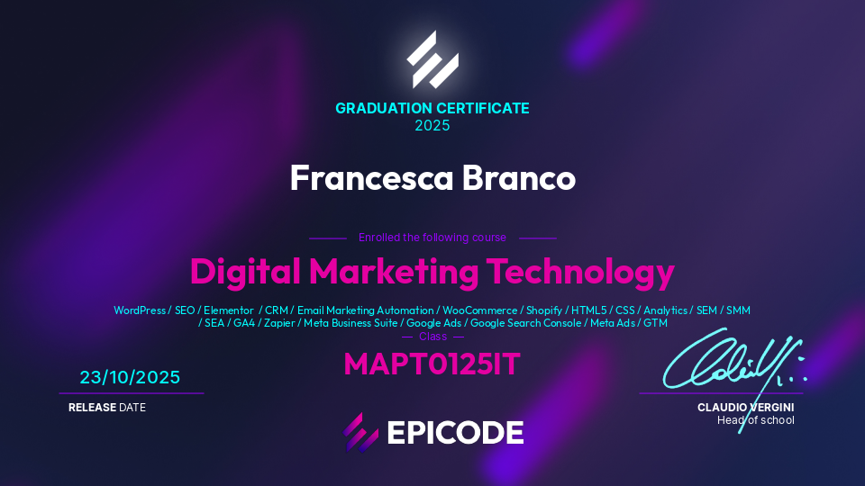 EPICODE certificate awarded to Francesca Branco