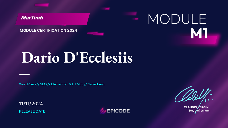 EPICODE certificate awarded to Dario D'Ecclesiis