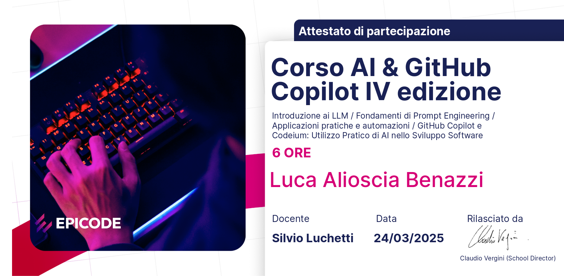 EPICODE certificate awarded to Luca Alioscia Benazzi
