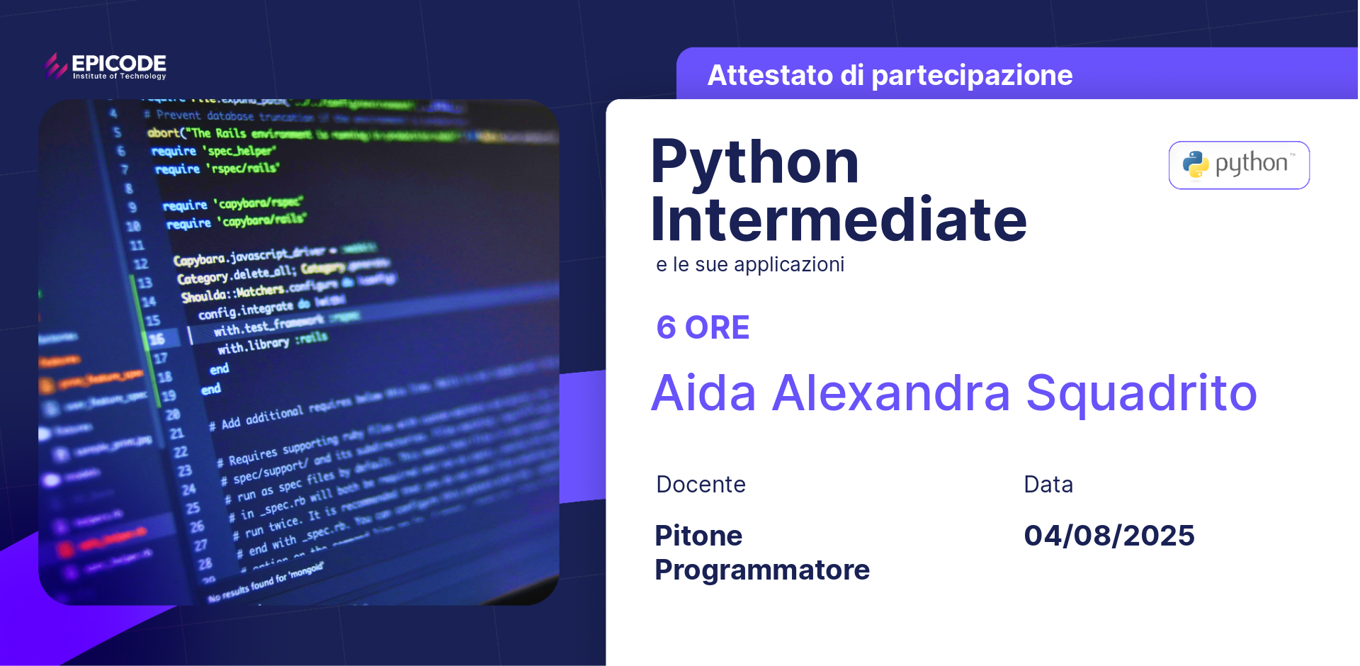 EPICODE certificate awarded to Aida Alexandra Squadrito