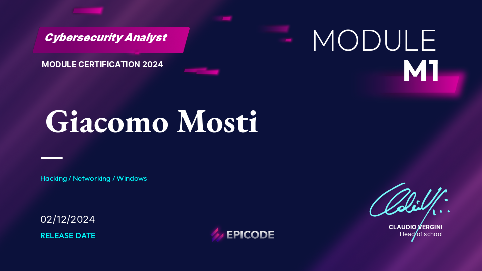 EPICODE certificate awarded to Giacomo Mosti