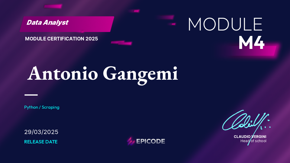 EPICODE certificate awarded to Antonio Gangemi