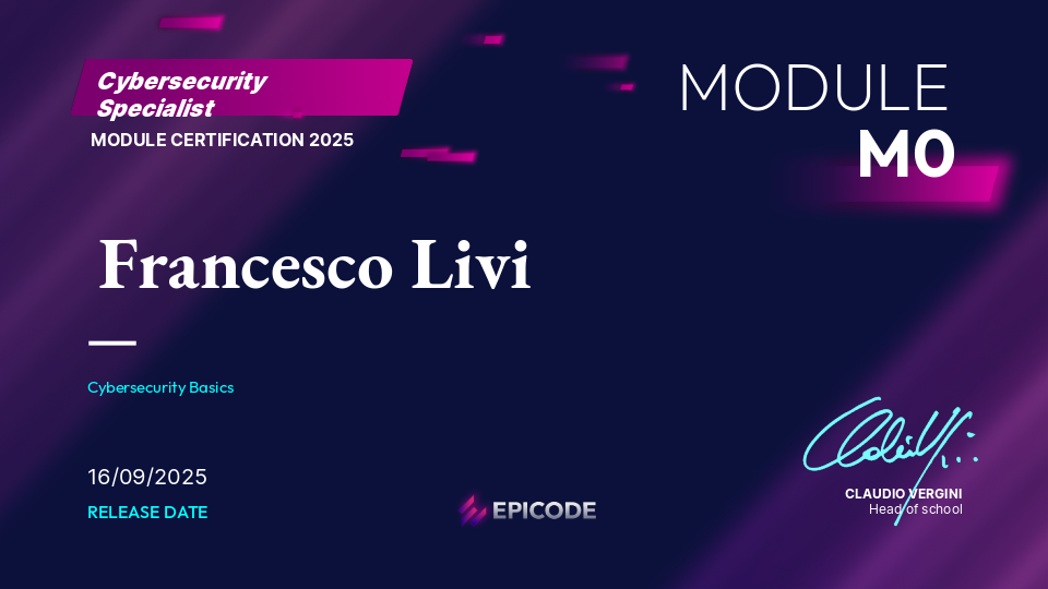 EPICODE certificate awarded to Francesco Livi