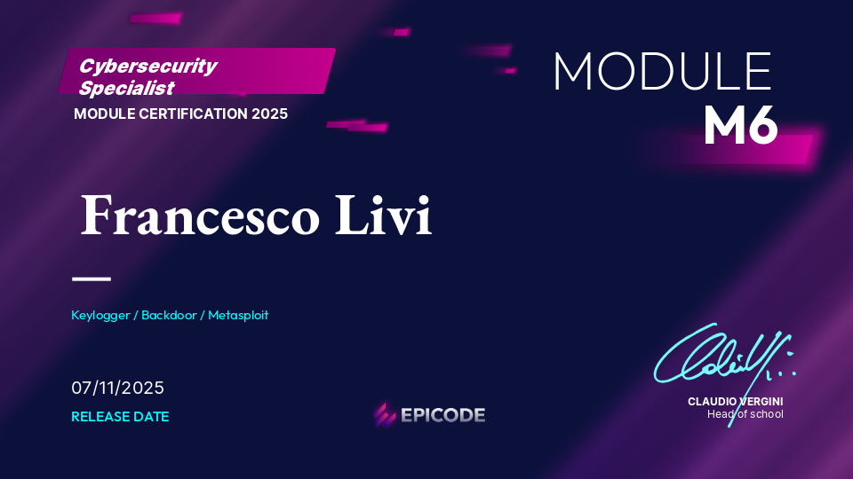 EPICODE certificate awarded to Francesco Livi