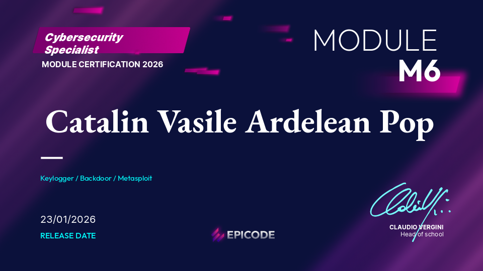 EPICODE certificate awarded to Catalin Vasile Ardelean Pop