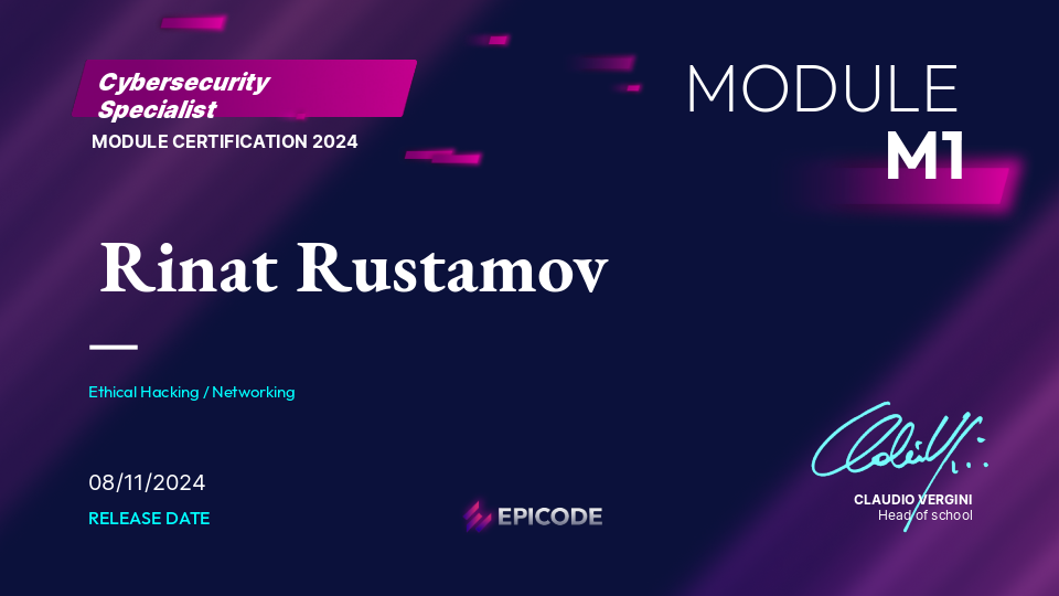 EPICODE certificate awarded to Rinat Rustamov