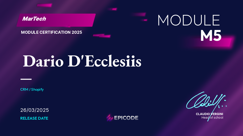 EPICODE certificate awarded to Dario D'Ecclesiis