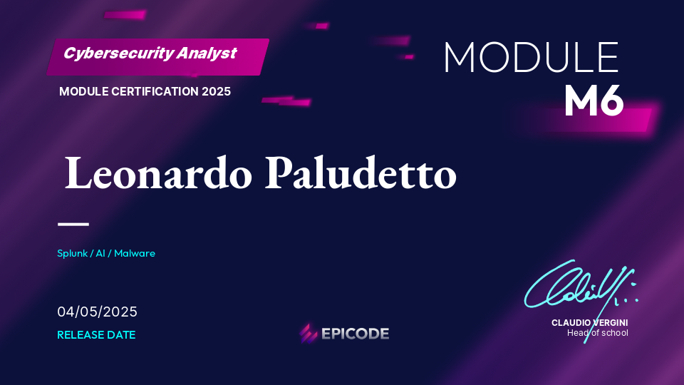 EPICODE certificate awarded to Leonardo Paludetto