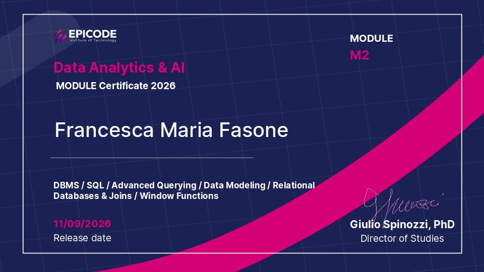 EPICODE certificate awarded to Francesca Maria Fasone
