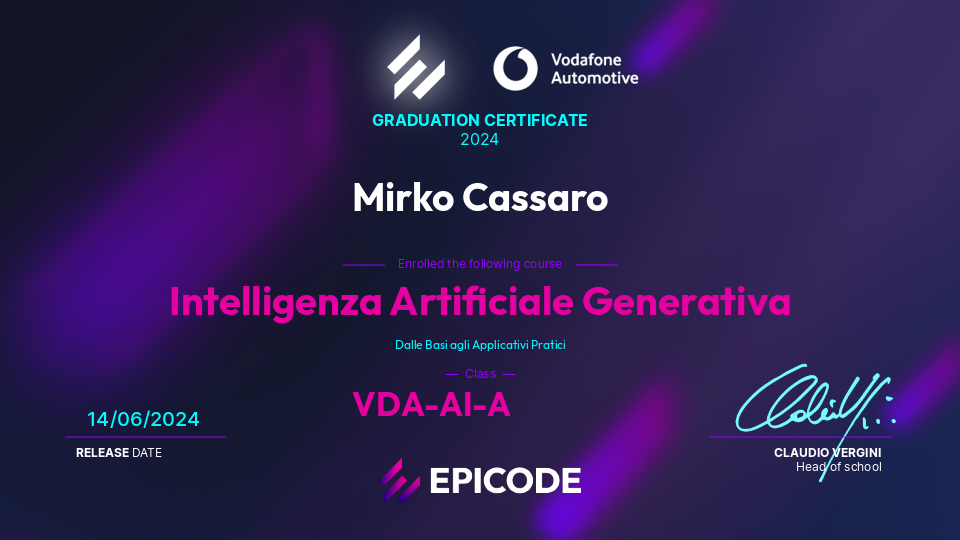 EPICODE certificate awarded to Mirko Cassaro