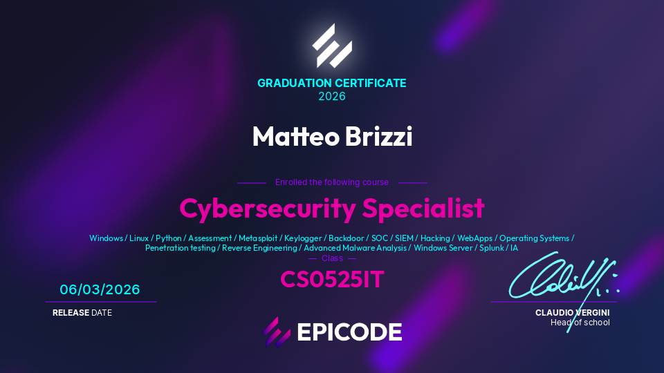 EPICODE certificate awarded to Matteo Brizzi