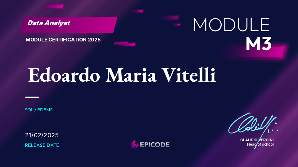EPICODE certificate awarded to Edoardo Maria Vitelli
