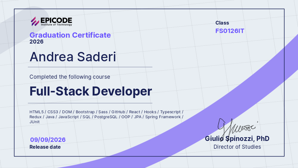 EPICODE certificate awarded to Andrea Saderi