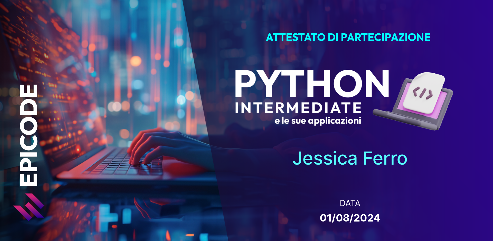 EPICODE certificate awarded to Jessica Ferro