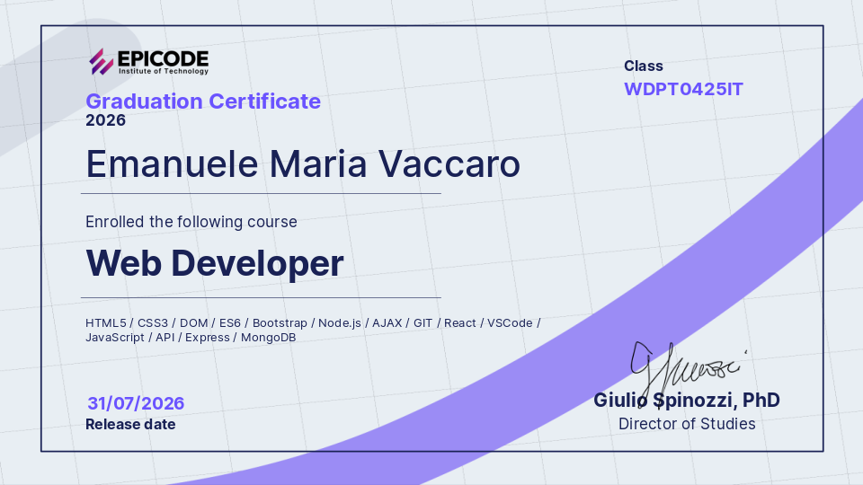 EPICODE certificate awarded to Emanuele Maria Vaccaro