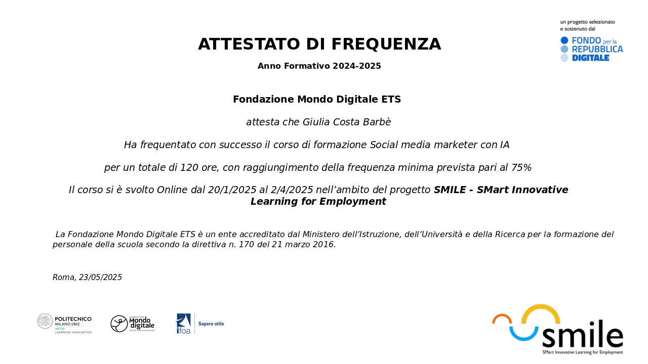 EPICODE certificate awarded to Giulia Costa Barbè