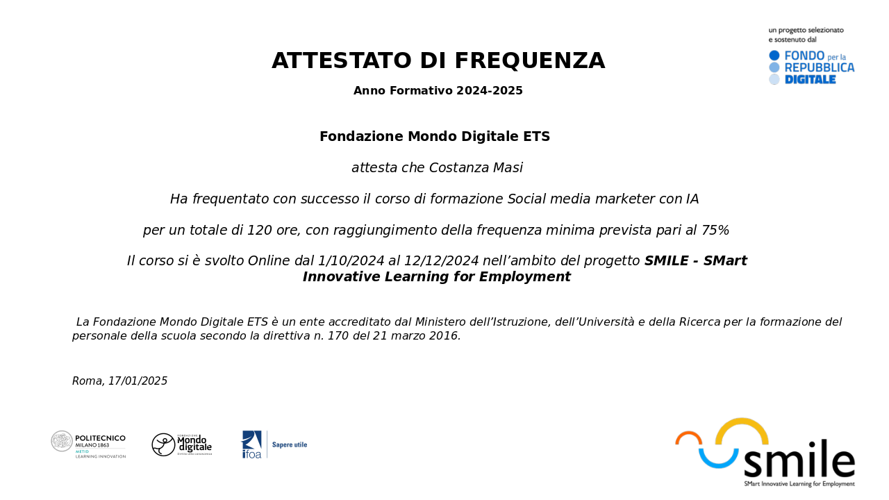 EPICODE certificate awarded to Costanza Masi