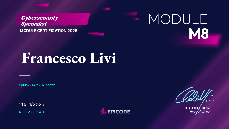 EPICODE certificate awarded to Francesco Livi