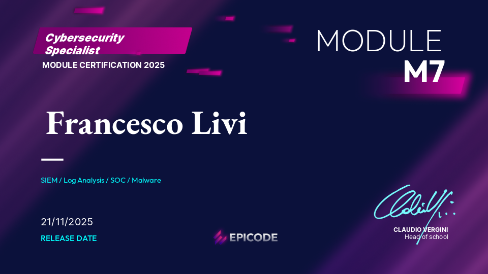 EPICODE certificate awarded to Francesco Livi
