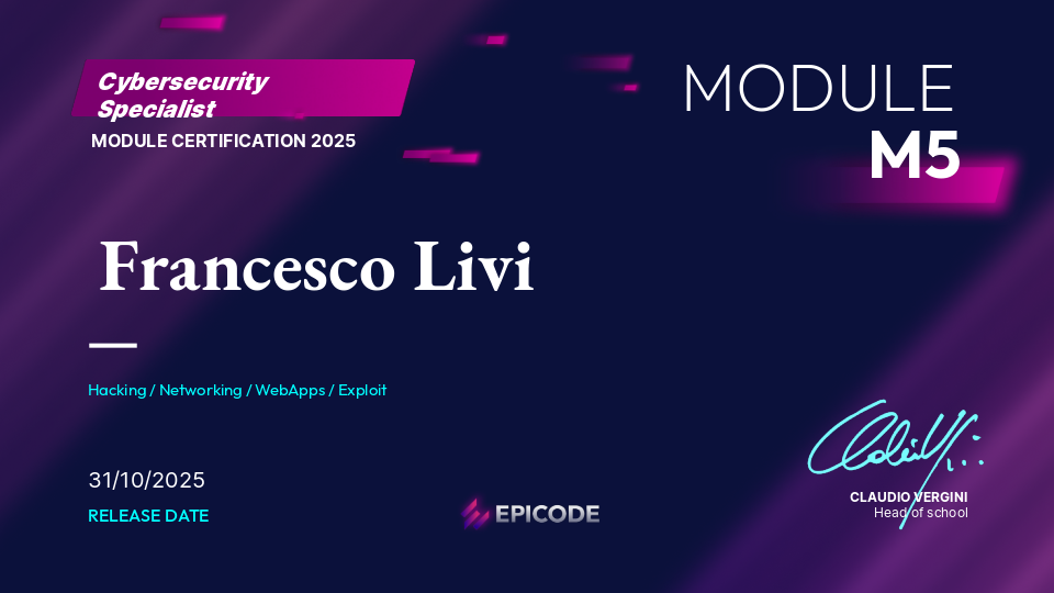 EPICODE certificate awarded to Francesco Livi