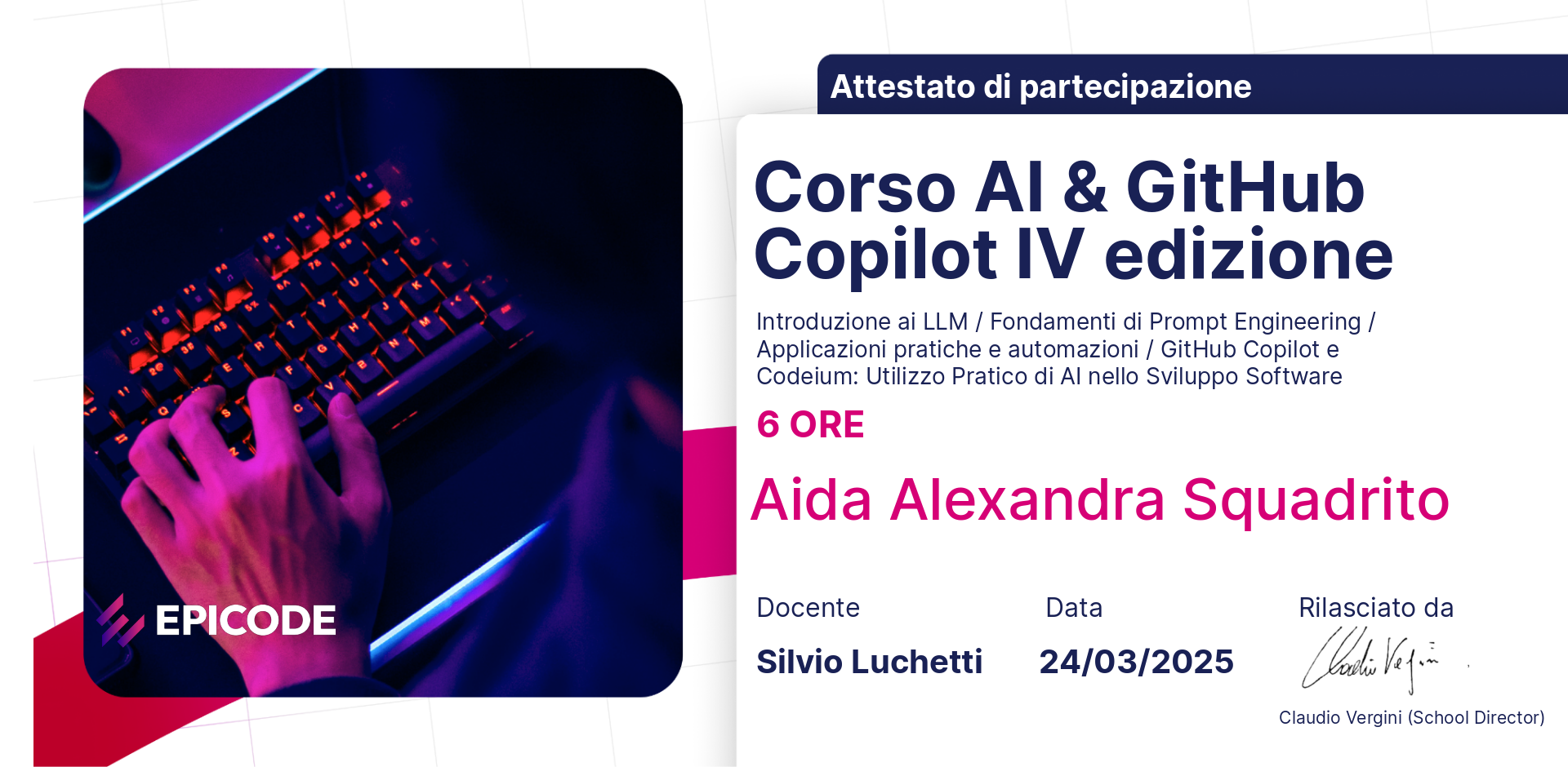 EPICODE certificate awarded to Aida Alexandra Squadrito