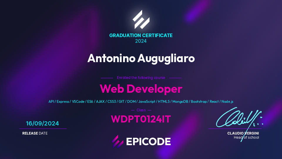 EPICODE certificate awarded to Antonino Augugliaro
