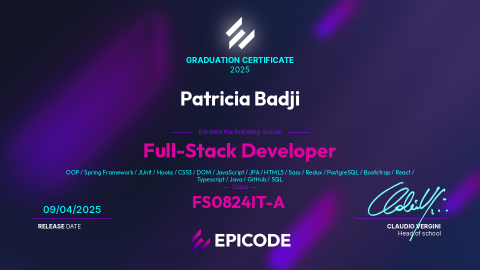 EPICODE certificate awarded to Patricia Badji