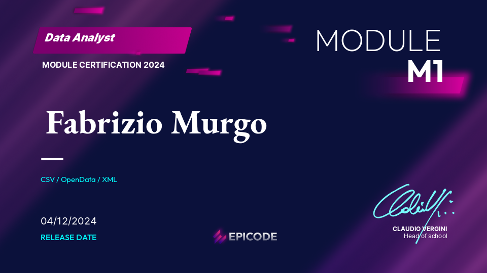 EPICODE certificate awarded to Fabrizio Murgo