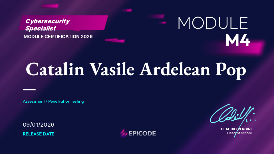 EPICODE certificate awarded to Catalin Vasile Ardelean Pop