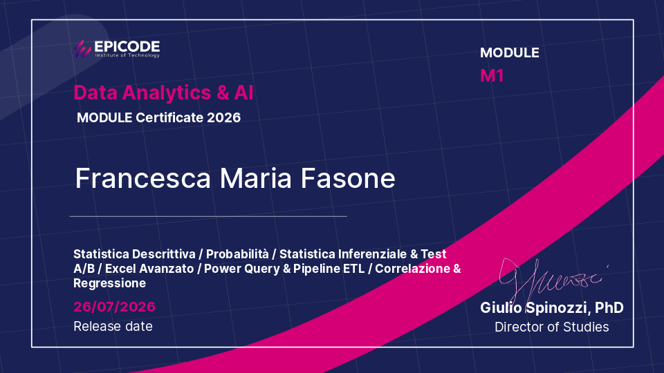 EPICODE certificate awarded to Francesca Maria Fasone