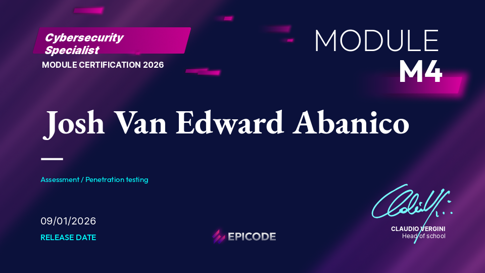 EPICODE certificate awarded to Josh Van Edward Abanico