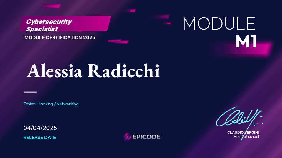 EPICODE certificate awarded to Alessia Radicchi